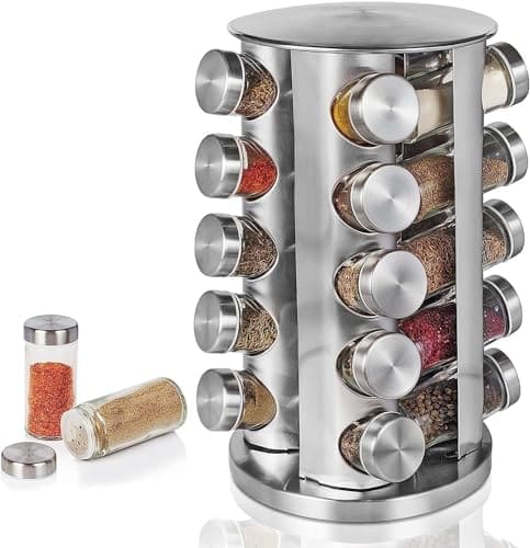 🛒 Tray Spice Jar Rack Revolving Rotating Countertop, Spice Organizer, Seasoning Set, Spice Carousel Stainless Steel Stand Storage Holder with Glass Bottle for Kitchen, Hotel, Tiered Shelf (Silver-20)