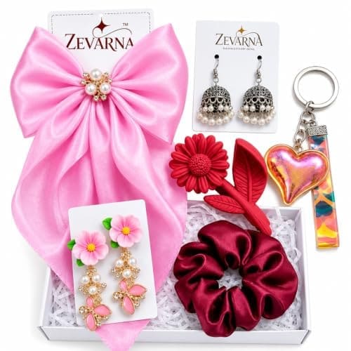 🛒 Zevarna Gift Hamper for Woman & Girls Under 300 | Cute Accessories Gift Set with Earrings, Bracelet, Necklace & Scrunchie | Birthday Gift for Girlfriend, Sister, Teen Girls | Kitty Party Return Gifts | Set of 6 Items | Random Colors and Designs Keep Surprise Alive