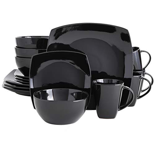 🛒 Gibson Soho Lounge Square Reactive Glaze Stoneware Dinnerware Set, Service for 4 (16pc), Black