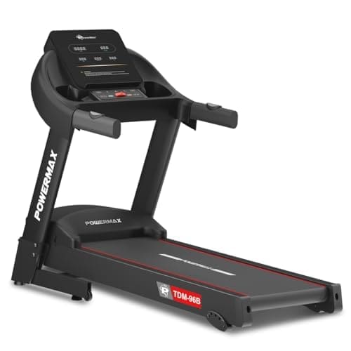 🛒 PowerMax Fitness TDM-96B 4HP DC Treadmill for Home | 110KG Max User Running Machine | 14km/hr Top Speed, 4-Level Manual Incline | Bluetooth for app, Speaker, Mp3 | Foldable Cardio Machine, LED Display