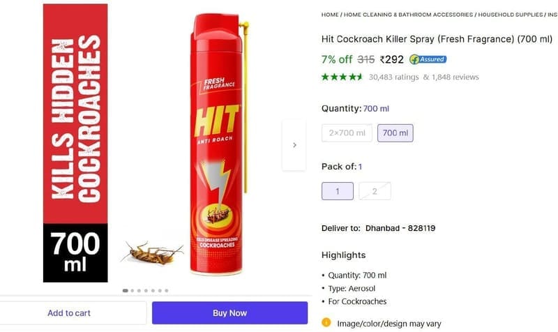 🔥  Hit Cockroach Killer Spray (Fresh Fragrance) (700 ml) @ ₹292