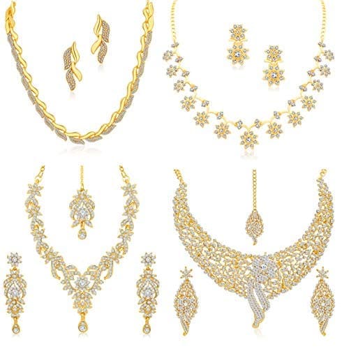 🛒 Sukkhi Sparkling Gold Plated Wedding Jewellery Austrian Diamond Set of 4 Necklace Combo for Women (SKR48715)