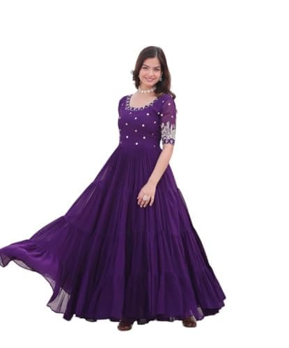 🛒 FOXDX Women's Georgette Floral Printed Embroidered Flared Gown. (in, Alpha, 2XL, Regular, HF_Purple)