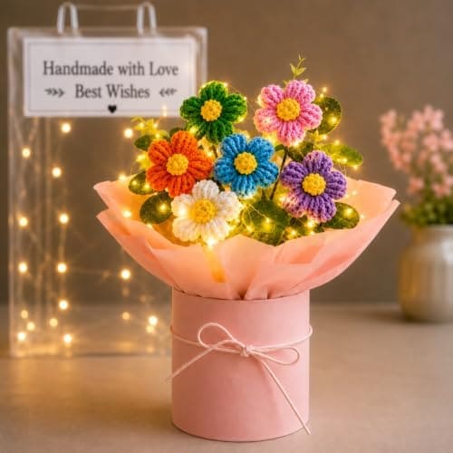 🛒 PulGos 𝟏𝐩𝐜𝐬 Artificial Crochet Flower Bouquet with LED Light| Handmade Yarn Knitted Floral Bunch for Home & Office Décor, Gifting |Cute Decorative Item Woolen Flowers Gift for Girls & Women (Pink)
