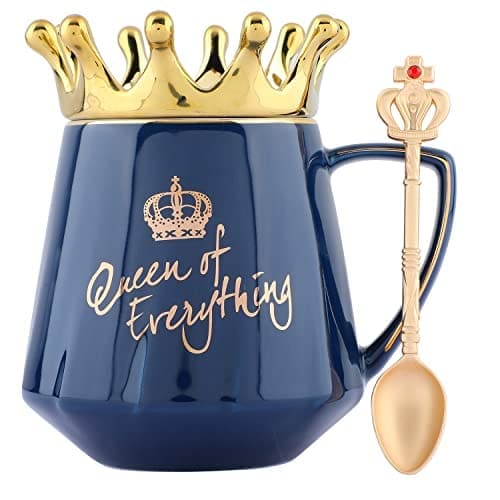 🛒 NYRWANA Coffee Mug, Birthday Gifts for Women, Mugs for Present, Rakshabandhan Gift for Sister, Ceramic Mug, Cute Coffee Mugs, Queen of Everything Mug with Golden Crown & Spoon (350ml-Blue)