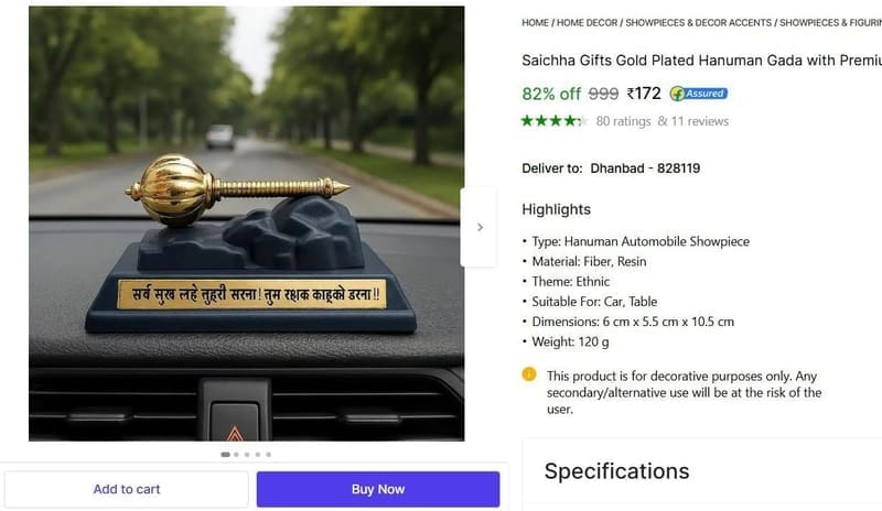 🔥  Gold Plated Hanuman Gada with Premium Base for Car Dashboard @ ₹172