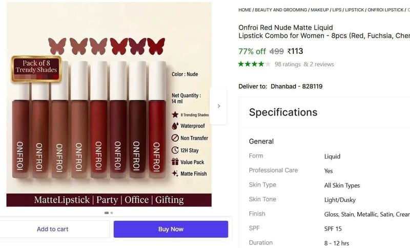 🔥  Lipstick Combo for Women - 8 Pcs @ ₹113