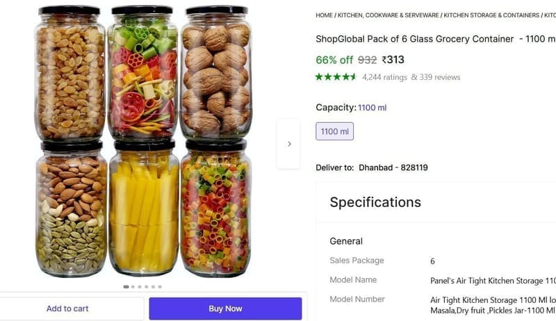 🔥  Pack of 6 Glass Grocery Container @ ₹313