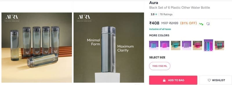 Myntra | H20 Water Bottle set of 6 at 461/-