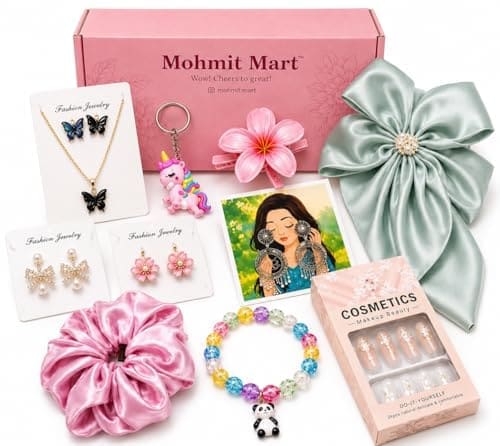🛒 Mohmit Mart Girls Fashion Accessories teues Gift Hamper Box | Korean Style Jewellery, Hair Bow, Scrunchie, Bracelet, Earrings, Nail Tips & Cute Accessories Combo for Women & Girls