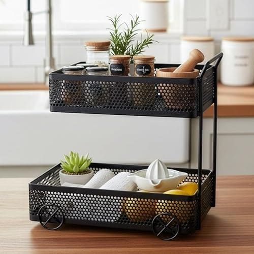 🛒 SHIOK DCOR 2-Tier Multipurpose Standing Storage Rack - Black | Modern & Durable Storage Shelf Organizer for Kitchen Countertop & Bathroom | Metal Mesh Basket Design with Wheels