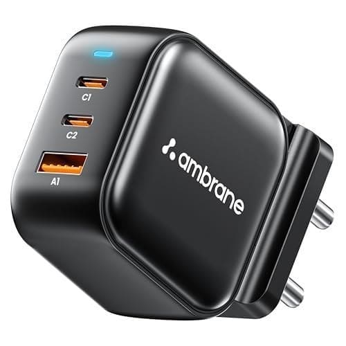 🛒 Ambrane 65W Charger Adapter, 3 Ports - 2 Type C & 1 USB for Samsung, Type C Laptops: MacBook, Dell, HP, ASUS, Fast Charger with PD Technology & GaN Technology for All Devices (RAAP G65, Black)