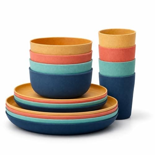 🛒 Heimora Wheat Straw Dinner Set (16 Pieces) | Eco-Friendly Plates, Bowls & Glasses Set | Lightweight, Unbreakable, BPA-Free Tableware | Reusable Dining Set for Home, Kids & Travel