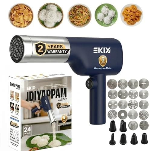 🛒 EKIY Electric 24 Mould Stainless Steel Idiyappam,Noolappam,Cakes,Muruke,Pakkavada,Noodles,Pasta Maker Machine |50 Times for Full Charge| 1500Mah Type-C Cordless | Automatic Portable (24 Mould Blue)