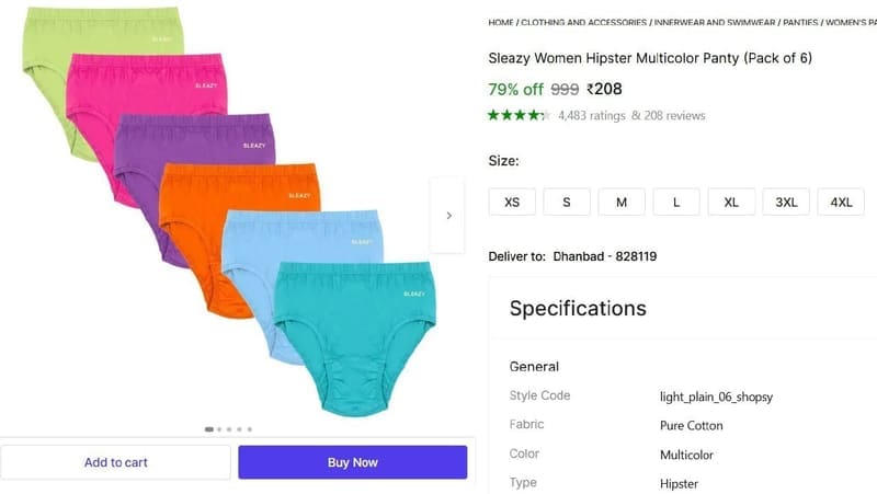 🔥  Women Hipster Multicolor Panty (Pack of 6) @ ₹208