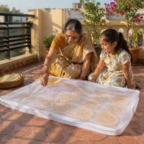🛒 EITHEO Food Drying Net with Zip Cover | Cotton Papad Drying Cloth for Papad, Vadagam, Chillies, Herbs & Spices | Breathable, Washable & Reusable | Bird & Dust Protection | White | Pack of 1 24x36 Inch