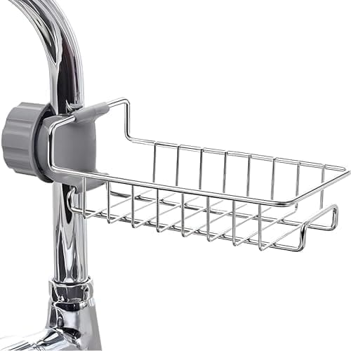🛒 RZone STORE Stainless Steel Adjusting Multifunctional Over Kitchen Sink Caddy Clamp Faucet Sponge Scrubber Holder Storage Hanging Shelf Draining Bathroom Tap Shampoo Soap Organizer Rack (Pack 1)