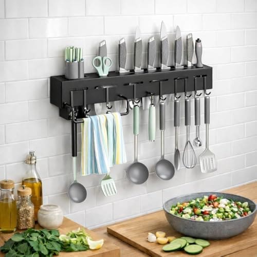 🛒 Kitchwell Kitchen Shelf Utensil Wall Mounted Knife Holder | Kitchen Organizer Rack for Spoon, Ladle, Spatula Hanging Hooks & Towel Hanger | Kitchen Accessories Cutlery Holder Storage Rack