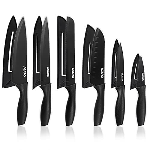🛒 AGARO Royal 6 Pcs Kitchen Knife Set with Cover, High Carbon Stainless Steel Black Colour Coated Professional Chef Knife, Utility, Sontuku, Bread, Utility, Paring, for Home & Restaurant Use, Black