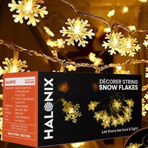 🛒 Halonix Decorer Snow Flakes 15 Bright Led String Light | Diwali Light | Christmas Light | Wedding Light | Festive Lights for Home Decoration (Warm White, 4 Meters)