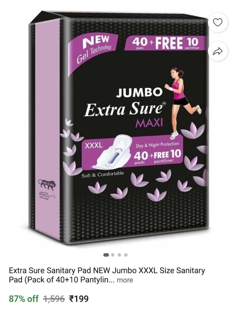 🔥  XXXL Size Sanitary Pad (Pack of 40+10 Pantyliner) @ ₹199