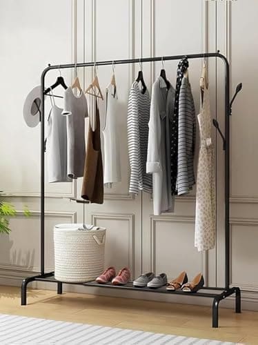 🛒 Lukzer | Freestanding Metal Cloth Stand with Bottom Storage Shelf & Coat Hanger | Heavy-Duty Garment Rack for Bedroom, Laundry, Entryway & More | Black | 40 x 110 x 148 cm | Model No. MGS-001