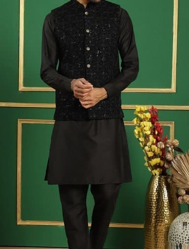🔥 Jompers Sequin Embroidered Mandarin Collar Velvet Nehru Jacket 🖤✨