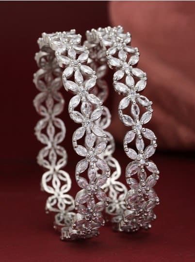 ✨ ZENEME Set of 2 Rhodium Plated Silver Toned American Diamond Bangles 💎