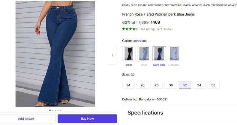 🔥  Rose Flared Women Dark Blue Jeans @ ₹469