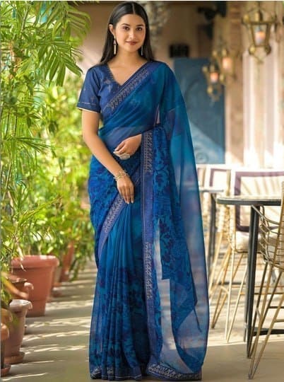 🌸 SANISA Floral Embroidered Poly Georgette Saree ✨