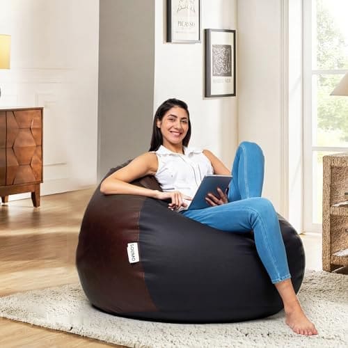 🛒 Amazon Brand - Solimo 5XL Bean Bag Cover Without Beans, Faux Leather Classic Bean Bags Cover with Handle & Zipper, Bean Bag Cover for Living Room & Bedroom, 6 Months Warranty (Black & Brown)