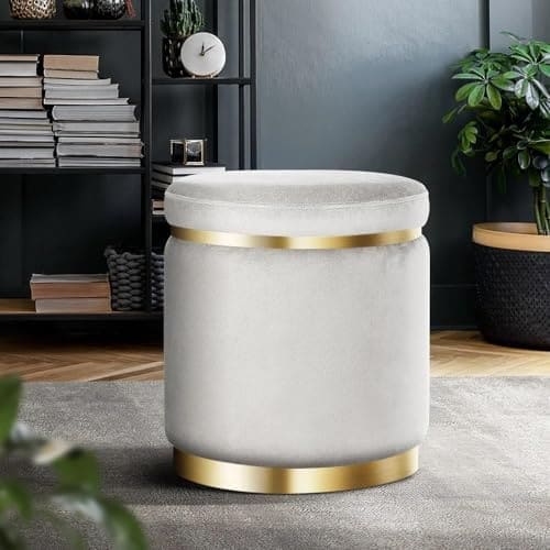 🛒 ETIQUETTE ART Upholstered Velvet Round Dual Strip Ottoman Office Stool Foot Rest Stool Linen Fabric Padded Seat Pouf Ottoman with Round Shape for Living Room (Grey)