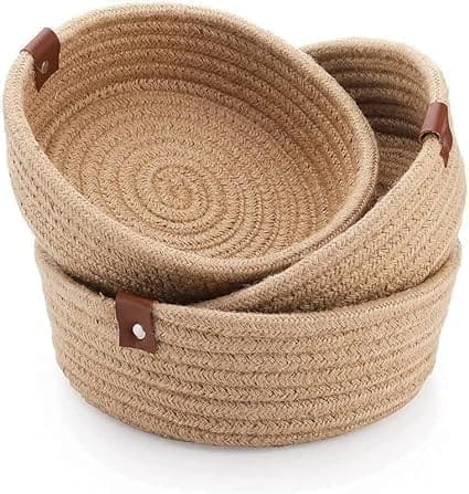 🛒 AuraNest Woven Jute Nesting Baskets Set of 3 - Round Storage Bowls with Leather Handles for Kitchen, Coffee Table & Home Decor - Fruit, Bread & Organizer Baskets (21cm, 19cm, 17cm)"