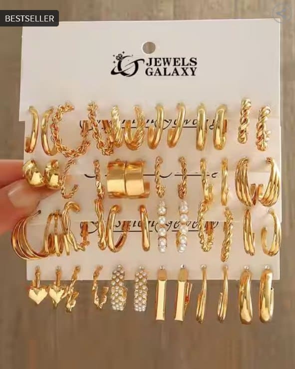 ✨ JEWELS GALAXY Women Set of 24 Gold-Plated Hoop Earrings 💎