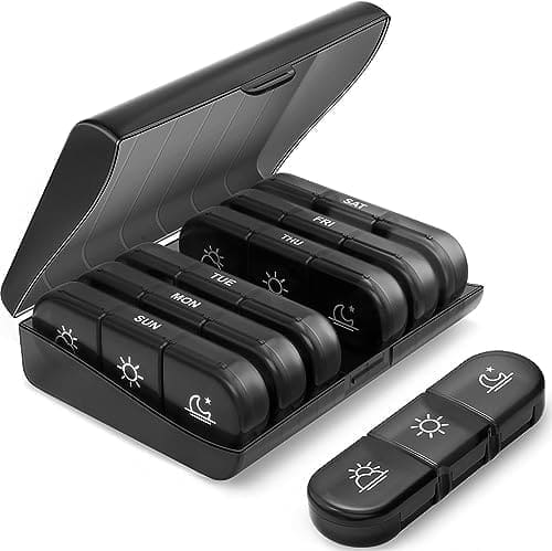 🛒 Afrodite Weekly Pill Organiser BPA Free Pill Box Case 7 Day 3 Times a Day, Portable Stackable Pill Dispenser to Hold Vitamins Supplements and Medication