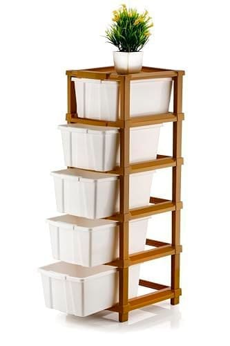 🛒 HORPIN 5 Layer Plastic Modular Storage Drawer Organizer | Chest of Drawer Storage Box for Living Room, Office, School and Home Toys | Organiser for Kids Room | Ivory & Brown (5-Layer ivory)