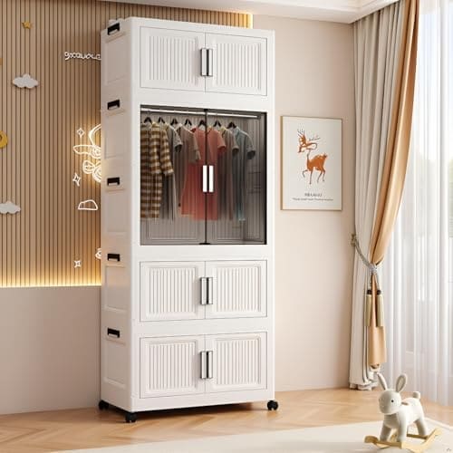 🛒 Sunderlook Plastic Wardrobe for Kids Clothes - Standing Desk Premium Comfort Foldable Collapsible Wardrobes for Clothes, Large Plastic Cupboard for Kids, Men and Women (White, 4 Door)