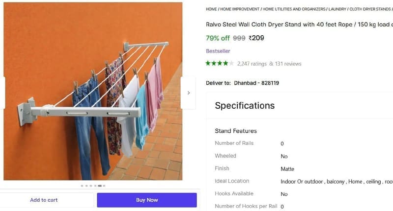 🔥  Steel Wall Cloth Dryer Stand with 40 feet Rope @ ₹209