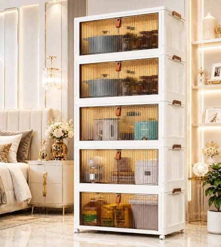 🛒 Exvito 5 Tier Foldable Wardrobe for Bedroom Clothes Storage Cabinet | Collapsible Plastic Almirah Organizer with Magnetic Doors & Wheels | Stackable Cupboard for Clothes Storage - White