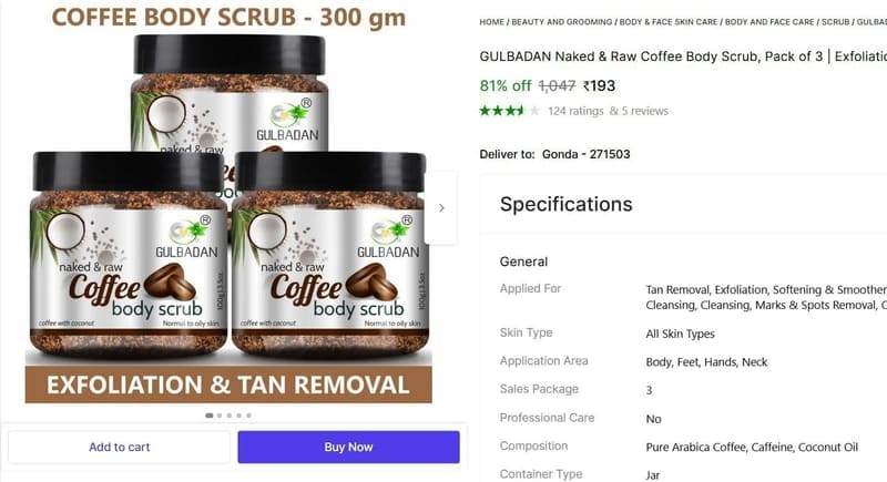 🔥  Naked & Raw Coffee Body Scrub, Pack of 3 (300 g) @ ₹193