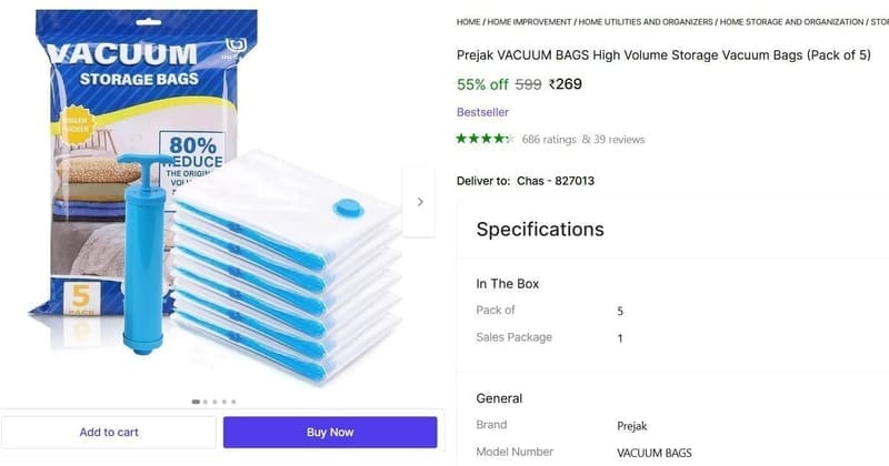 🔥  Vacuum Bags (Pack of 5) @ ₹269