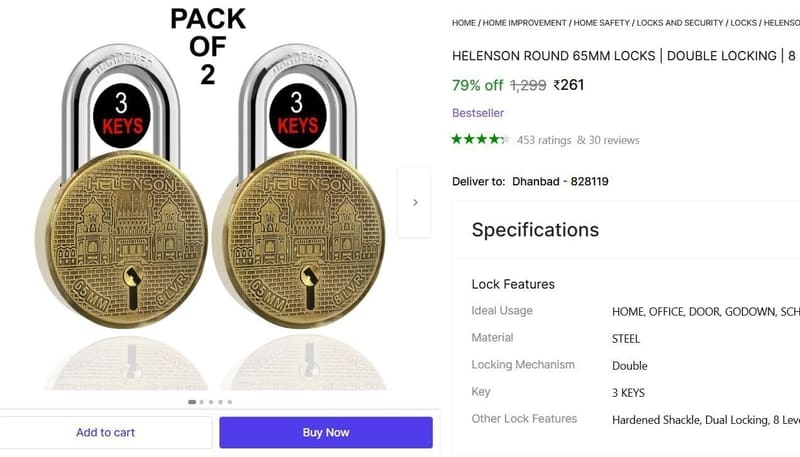 🔥  (PACK OF 2) Padlock @ ₹261