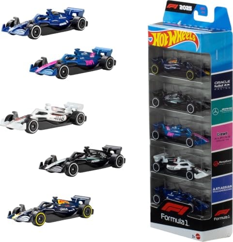 🛒 Hot Wheels 1:64 Scale 5-Pack Formula 1 Die-Cast Toy Cars, Set of 5 Officially Licensed, Collectible F1 Race Cars for Play or Display