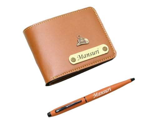 🛒 AS Store Customized Name Wallet and Pen Combo for Men with Personalized 13 Languages, 12 Font Name and 38 Charm Gift for Your Loved Once - Tan