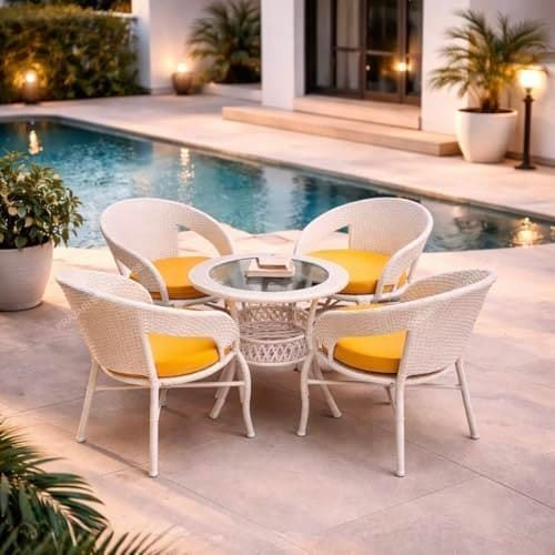 🛒 Lotey Outdoor D-12 Chairs Table Set 4+1 Wicker Patio Furniture Sets 4 Chair and 1 Table with Cushions for Garden Balcony Bedroom Powder Coated Frame Uv Protected Wicker (Cream +Yellow)