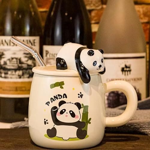 🛒 Vasukie 3D Panda Ceramic Coffee Mug with Lid & Glass Spoon, Gift for Brother, Birthday, Rakhi, Panda Mug White, 420ml