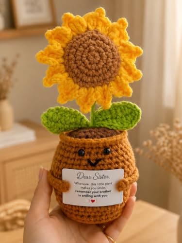 🛒 AEROSTARK Handmade Crochet Flower Bouquet Gift – Artificial Flowers for Home Décor & Gifting | Long Lasting Birthday, for Girls (1, Sister Sunflower Crochet, Sunflower)
