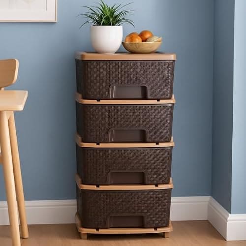 🛒 Smarttex™ Plastic Modular Drawer Storage Chest Of Drawers Organizer Storage Box, Large Stomo Racks For Multipurpose Anti-slip Shoes Organizers (Brown, 4 Layer)