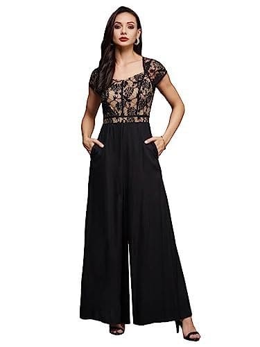 🛒 Miss Chase Women's Sweetheart Neck Raglan Sleeve Floral Lace Overlaid Viscose-Rayon Regular Length Jumpsuit (MCSS23D15-69-62-03, Black, S)