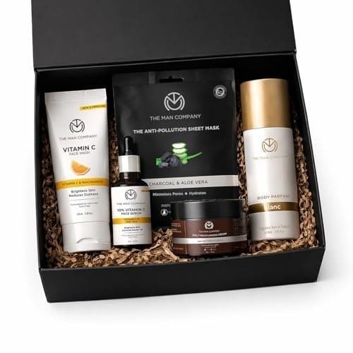 🛒 The Man Company Skin Care Kit with Vitamin C Face Wash, Face Serum, Daily Moisturising Cream, No Gas Perfume for Man & Charcoal Sheet Mask | Pack of 5 | Enriched with Hyaluronic Acid | Anniversary gift set | Valentine Gift Set For Man